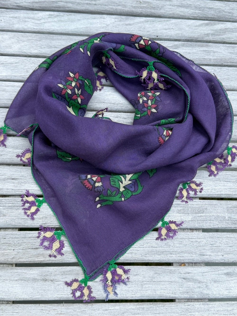 Vintage Turkish Oya Lace Yazma Scarf Purple Floral Needle Lace Edging